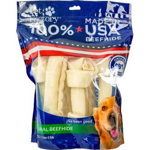 100% Made In Usa Beefhide Bones & Rolls 8 IN-6 Pack,Natural by Pet Factory Supply